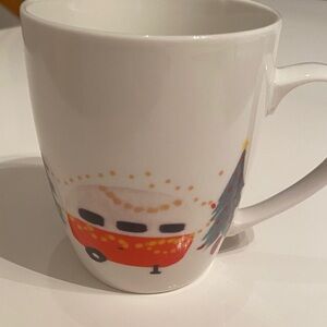 Tag  Mug with Red and Orange Camper Design winter scene Christmas trees lights